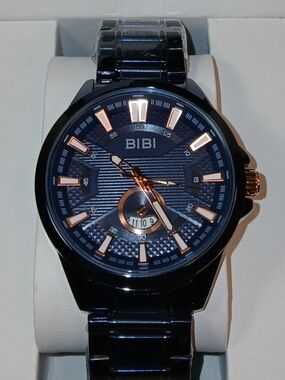 BiBi Mens Quartz Wristwatch Black Stainless Steel Blue Dial Rose Gold Accents...